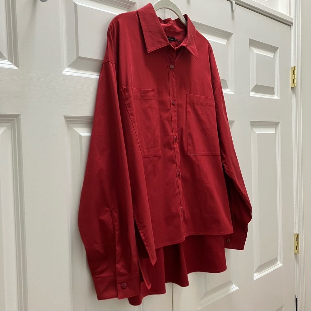 NWT Stella Carakasi Wear Anywhere Shirt Top Button Up Oversized Red Fiesta L/XL - Picture 4 of 12